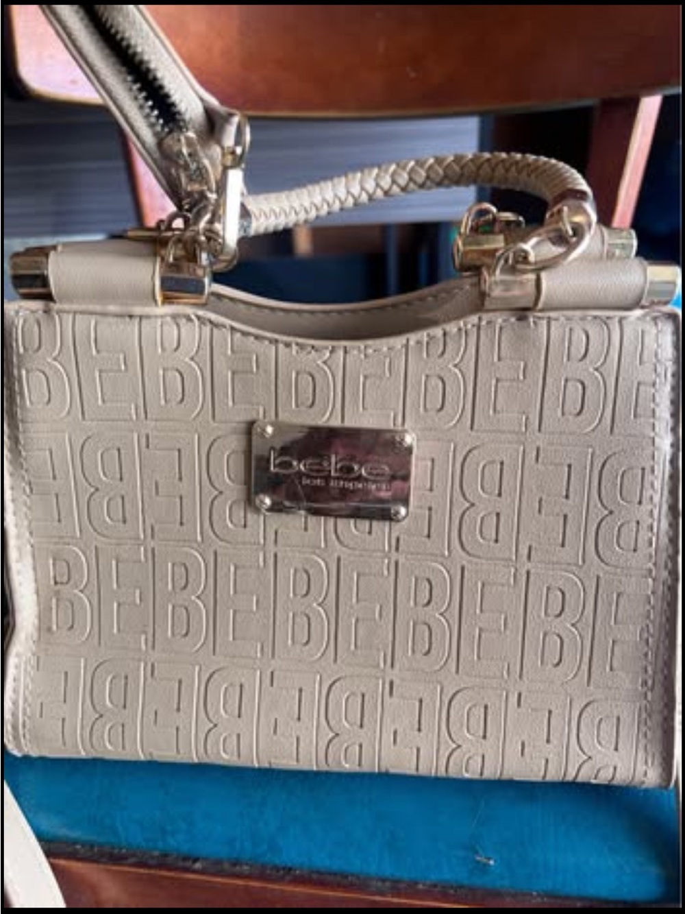 bebe Cream Embossed Logo Satchel with Top Handle